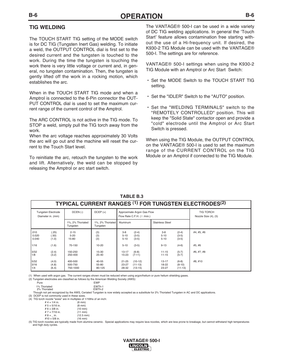 Operation, Typical current ranges, For tungsten electrodes | Tig welding, Table b.3 vantage® 500-i | Lincoln Electric IM10003 VANTAGE 500-I User Manual | Page 21 / 44