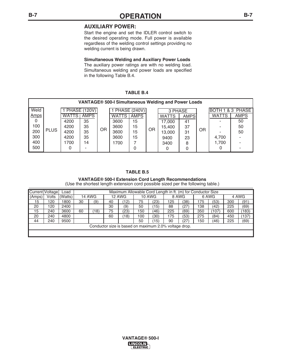 Operation, Auxiliary power | Lincoln Electric IM10003 VANTAGE 500-I User Manual | Page 22 / 44