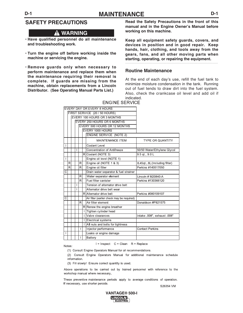 Maintenance, Safety precautions, Warning | Lincoln Electric IM10003 VANTAGE 500-I User Manual | Page 24 / 44