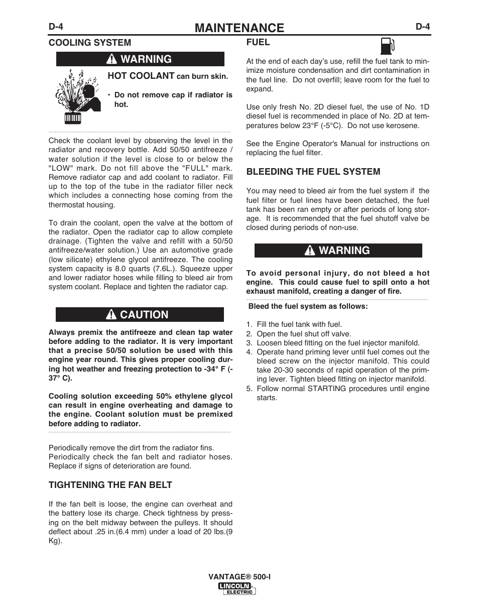 Maintenance, Warning caution warning | Lincoln Electric IM10003 VANTAGE 500-I User Manual | Page 27 / 44