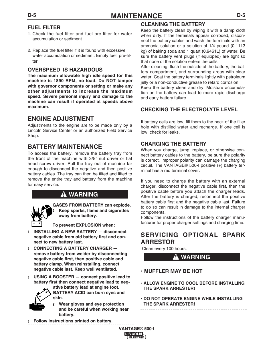 Maintenance, Engine adjustment, Battery maintenance | Servicing optional spark arrestor, Warning | Lincoln Electric IM10003 VANTAGE 500-I User Manual | Page 28 / 44