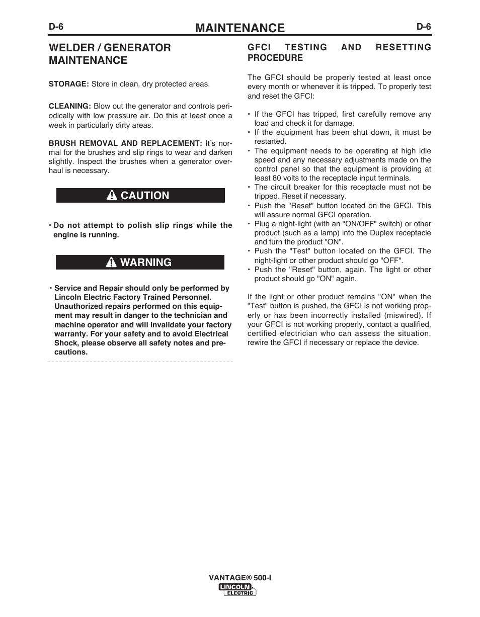 Maintenance, Welder / generator maintenance, Warning | Caution | Lincoln Electric IM10003 VANTAGE 500-I User Manual | Page 29 / 44