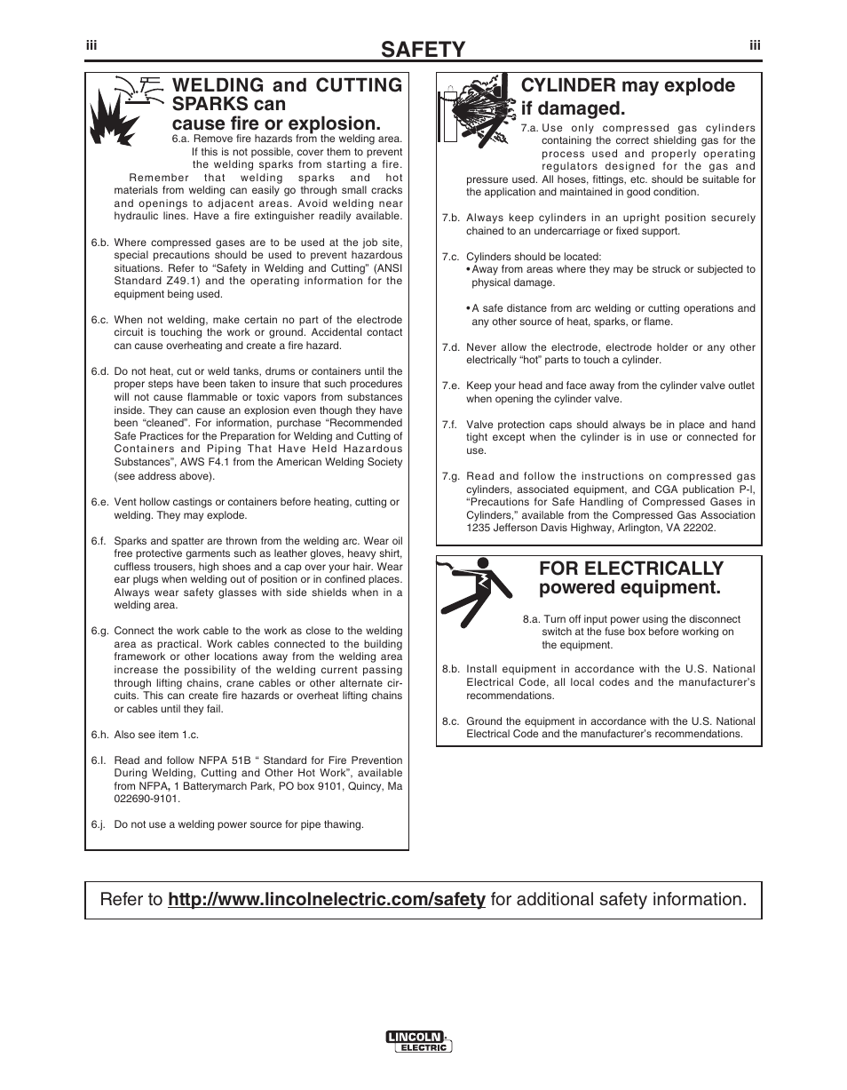 Safety, For electrically powered equipment, Cylinder may explode if damaged | Lincoln Electric IM10003 VANTAGE 500-I User Manual | Page 4 / 44