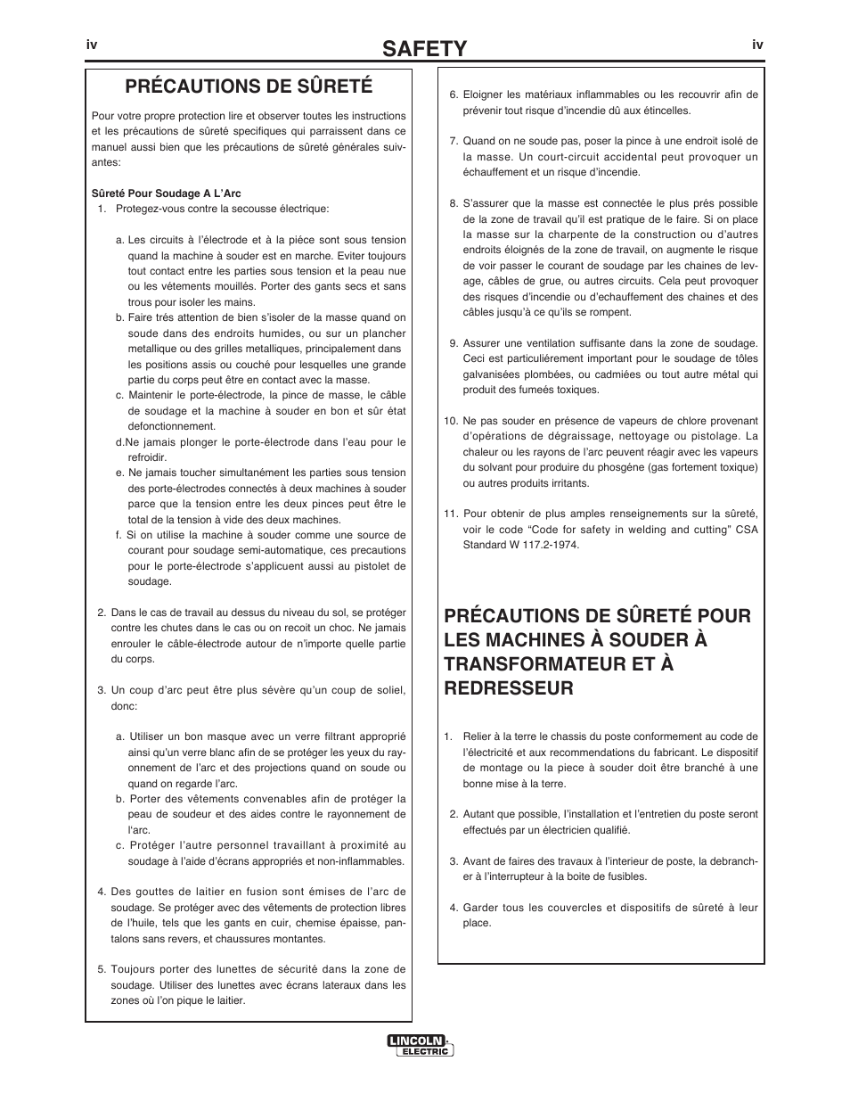 Safety, Précautions de sûreté | Lincoln Electric IM10003 VANTAGE 500-I User Manual | Page 5 / 44