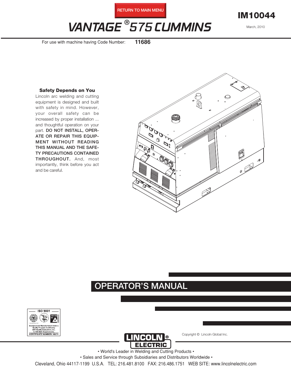 Lincoln Electric IM10044 VANTAGE 575 CUMMINS User Manual | 53 pages