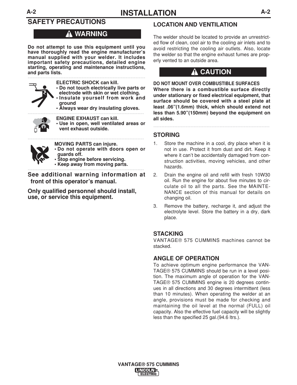 Installation, Safety precautions, Warning | Caution | Lincoln Electric IM10044 VANTAGE 575 CUMMINS User Manual | Page 12 / 53