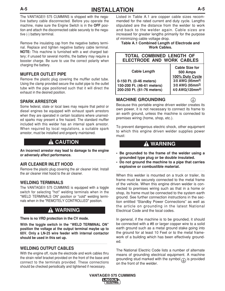 Installation, Caution, Warning | Lincoln Electric IM10044 VANTAGE 575 CUMMINS User Manual | Page 15 / 53