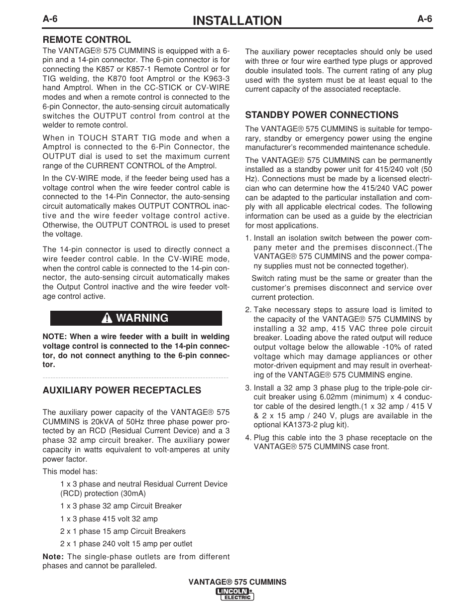 Installation, Warning | Lincoln Electric IM10044 VANTAGE 575 CUMMINS User Manual | Page 16 / 53