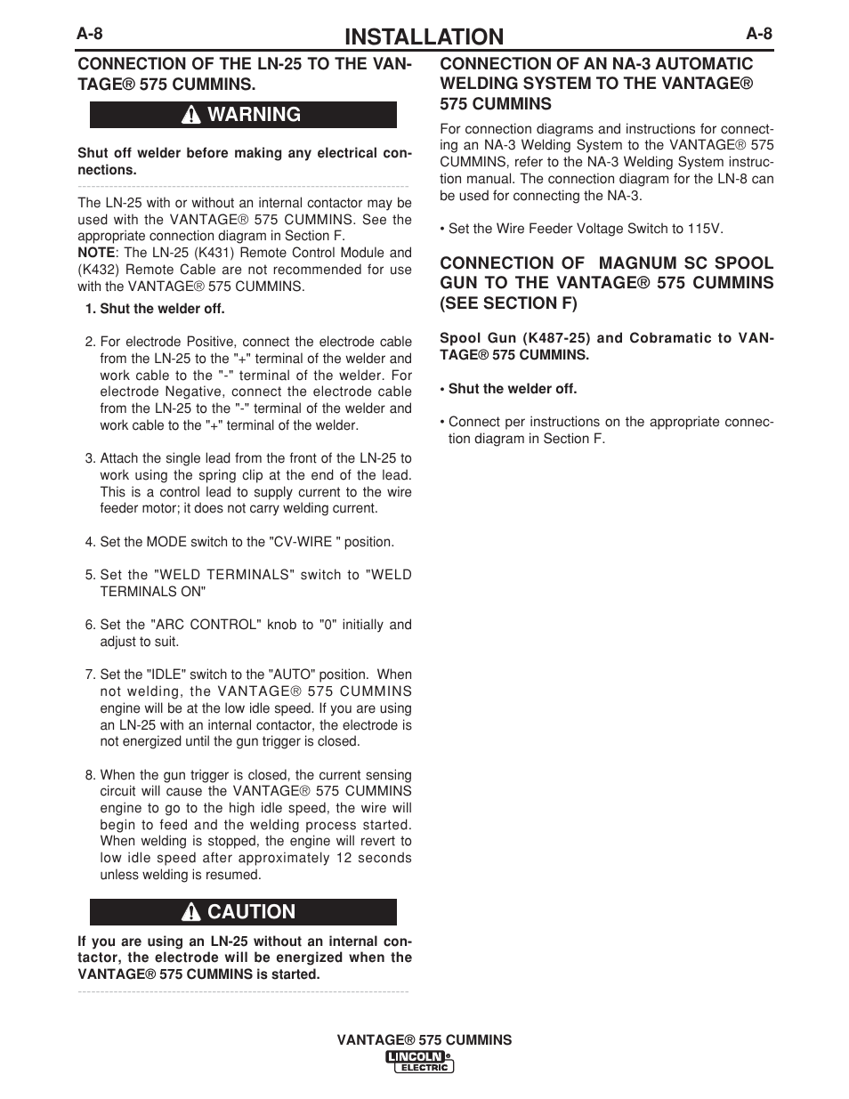 Installation, Warning caution | Lincoln Electric IM10044 VANTAGE 575 CUMMINS User Manual | Page 18 / 53