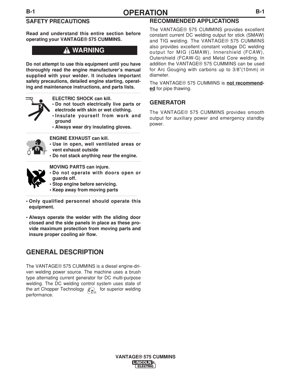 Operation, General description, Warning | Lincoln Electric IM10044 VANTAGE 575 CUMMINS User Manual | Page 19 / 53