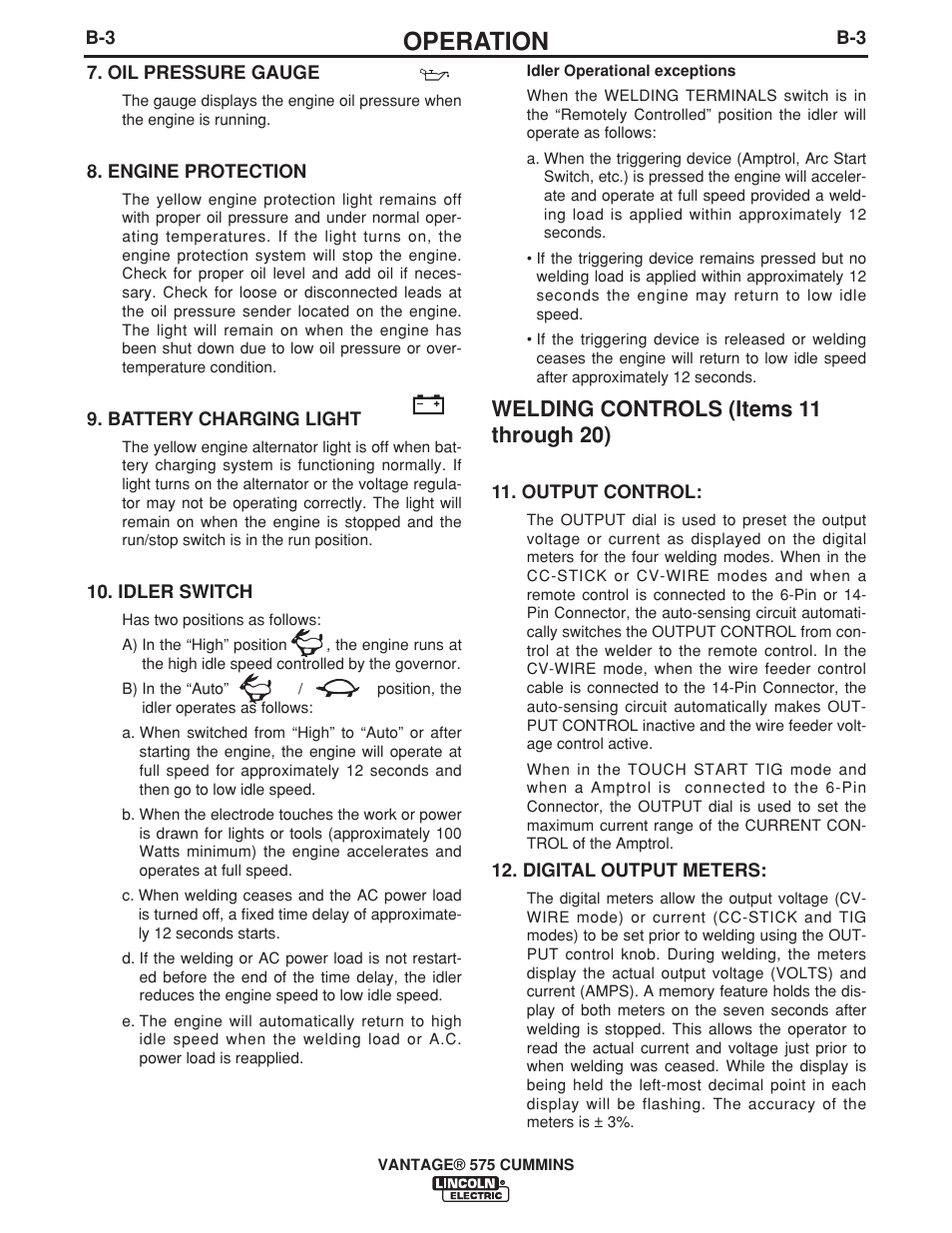 Operation, Welding controls (items 11 through 20) | Lincoln Electric IM10044 VANTAGE 575 CUMMINS User Manual | Page 21 / 53