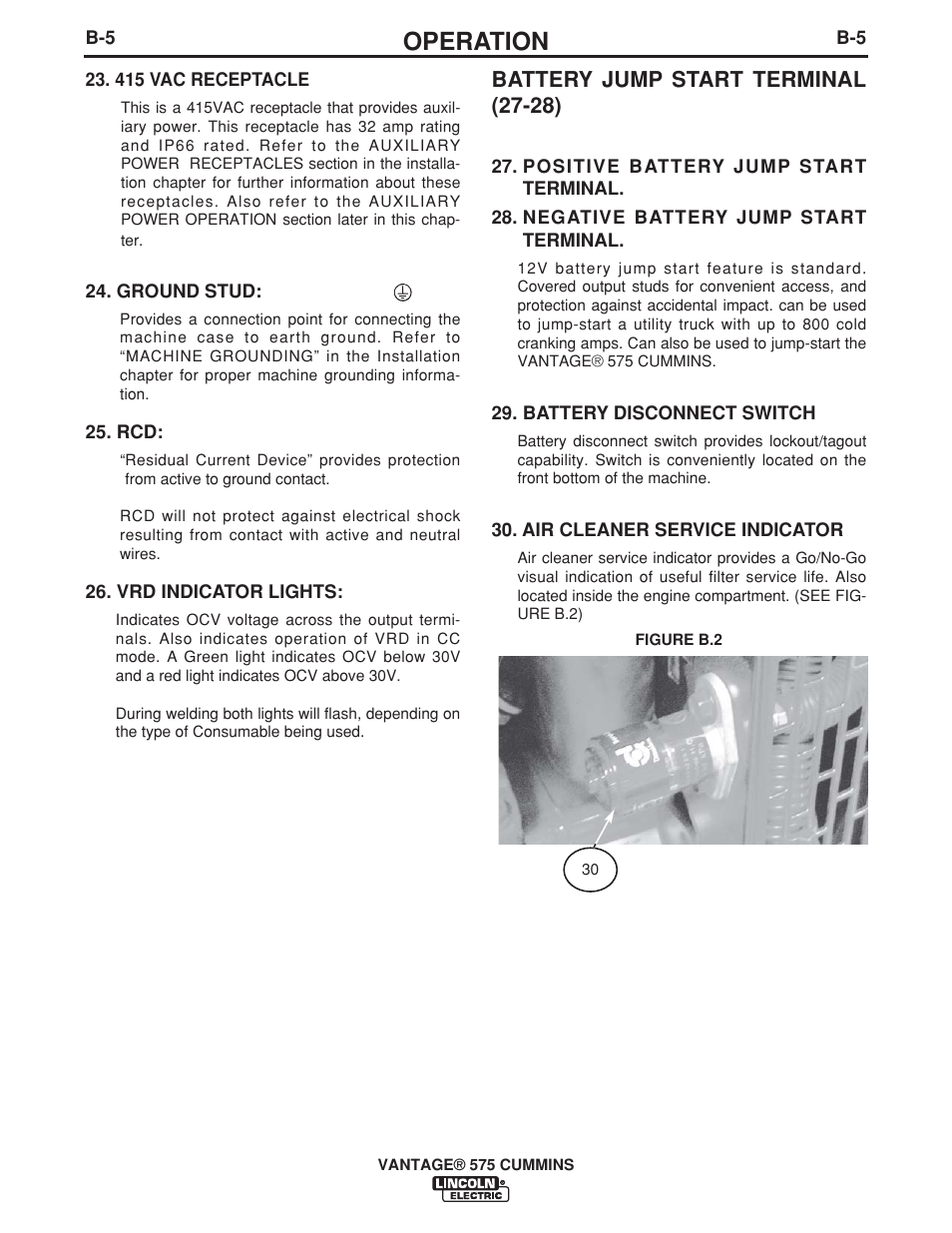 Operation, Battery jump start terminal (27-28) | Lincoln Electric IM10044 VANTAGE 575 CUMMINS User Manual | Page 23 / 53