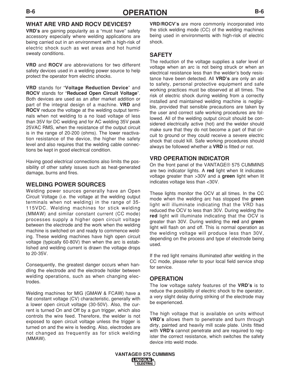 Operation | Lincoln Electric IM10044 VANTAGE 575 CUMMINS User Manual | Page 24 / 53