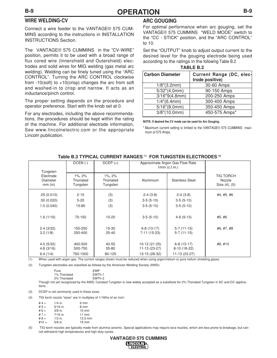 Operation, Arc gouging, Wire welding-cv | Lincoln Electric IM10044 VANTAGE 575 CUMMINS User Manual | Page 27 / 53