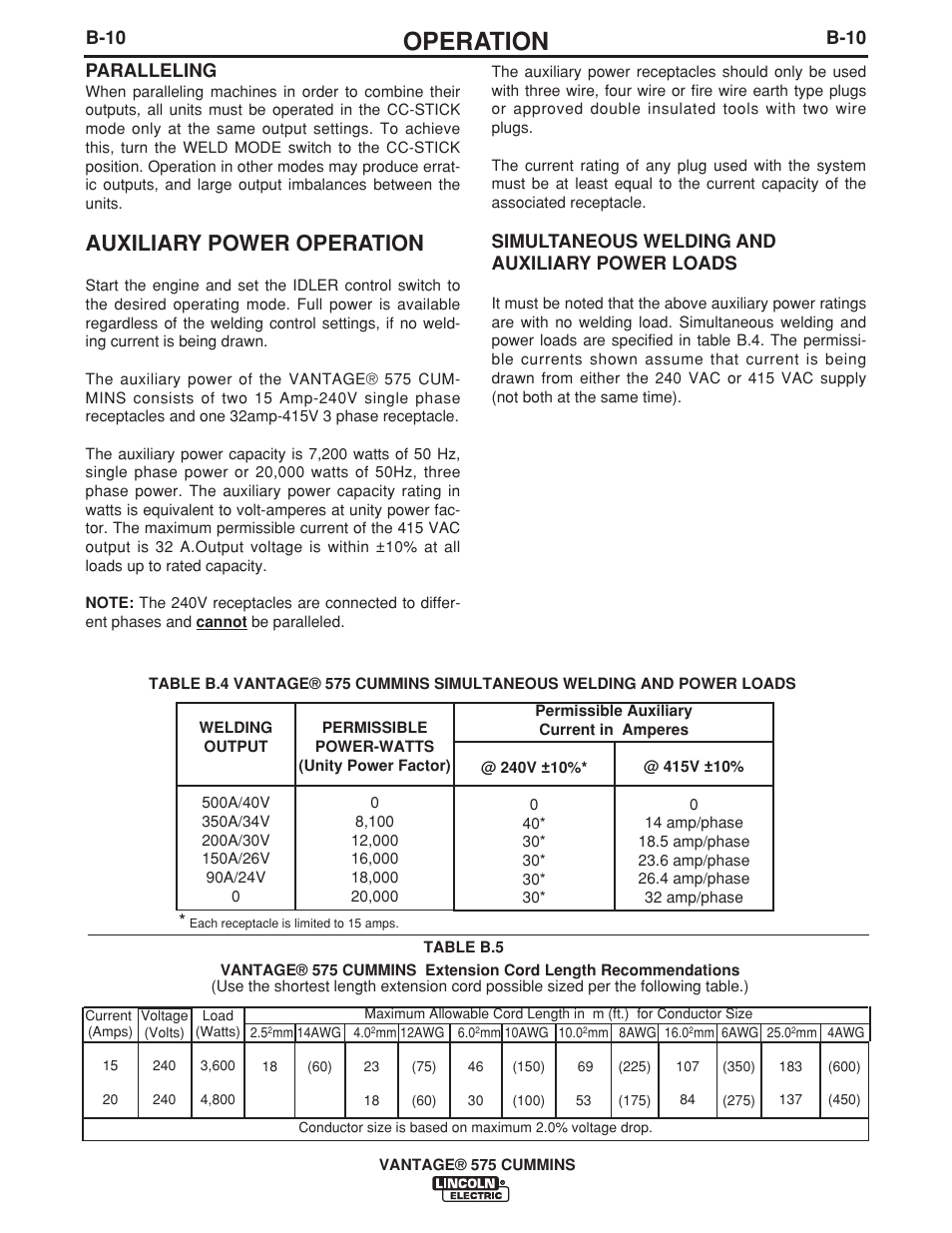 Operation, Auxiliary power operation, Paralleling | Simultaneous welding and auxiliary power loads, B-10 | Lincoln Electric IM10044 VANTAGE 575 CUMMINS User Manual | Page 28 / 53