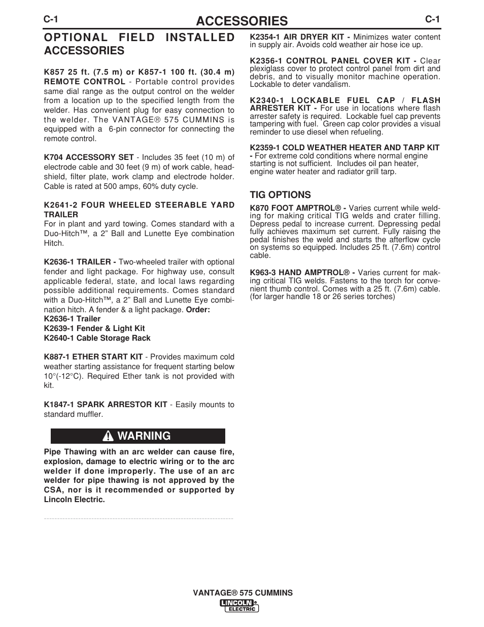 Accessories, Optional field installed accessories, Warning | Lincoln Electric IM10044 VANTAGE 575 CUMMINS User Manual | Page 29 / 53