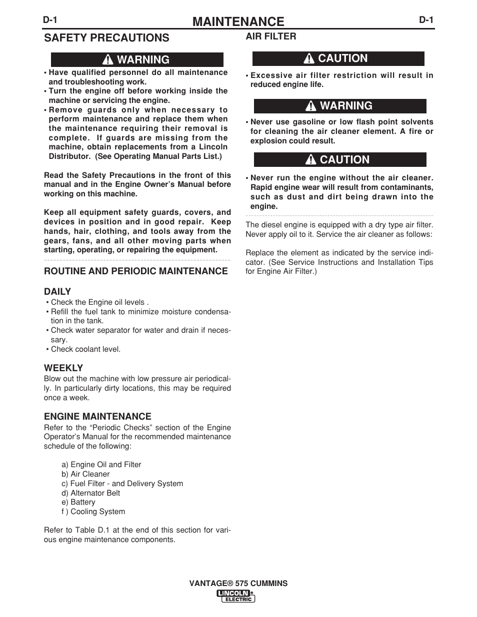 Maintenance, Safety precautions, Warning | Caution, Caution warning | Lincoln Electric IM10044 VANTAGE 575 CUMMINS User Manual | Page 30 / 53