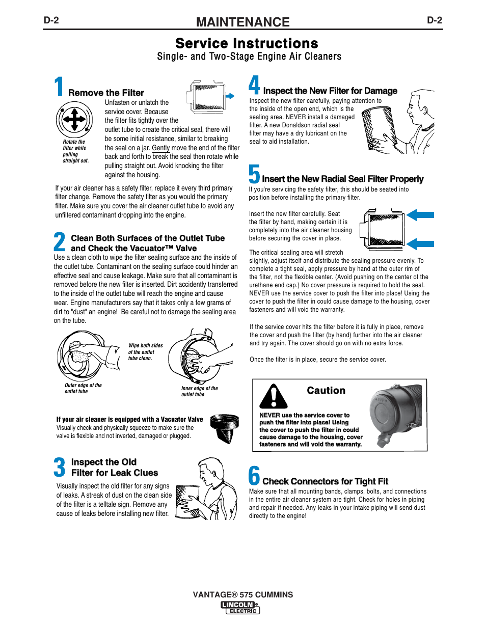 Service instructions, Maintenance, Caution | Single- and two-stage engine air cleaners | Lincoln Electric IM10044 VANTAGE 575 CUMMINS User Manual | Page 31 / 53