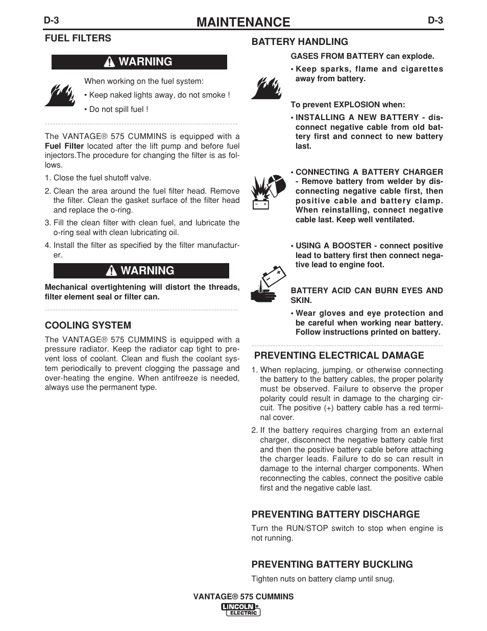 Maintenance, Warning | Lincoln Electric IM10044 VANTAGE 575 CUMMINS User Manual | Page 32 / 53