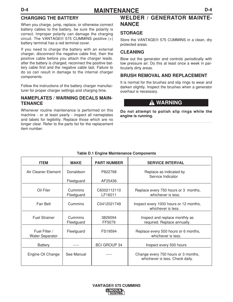 Maintenance, Welder / generator mainte- nance, Warning | Lincoln Electric IM10044 VANTAGE 575 CUMMINS User Manual | Page 33 / 53