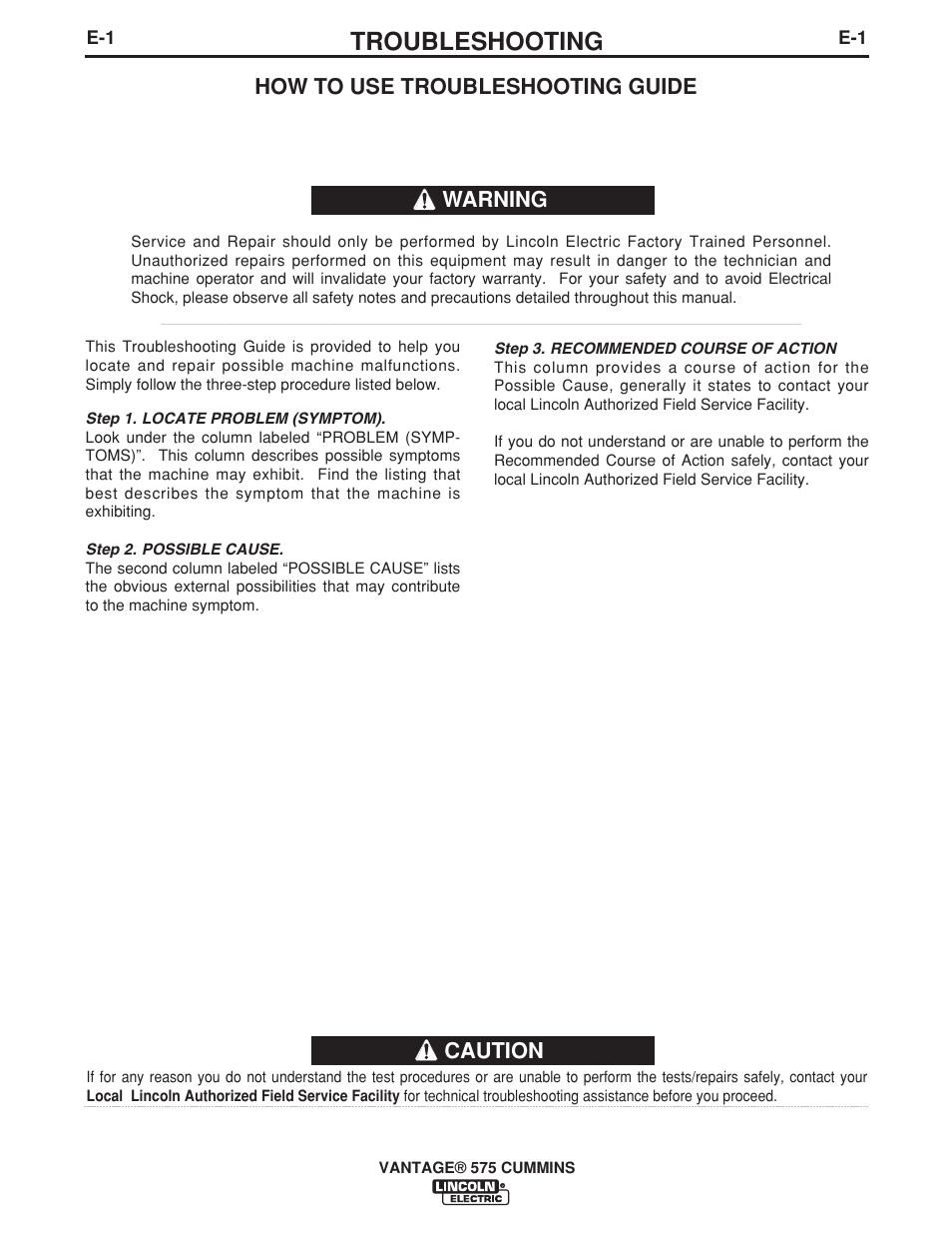 Troubleshooting, Caution, How to use troubleshooting guide | Warning | Lincoln Electric IM10044 VANTAGE 575 CUMMINS User Manual | Page 34 / 53