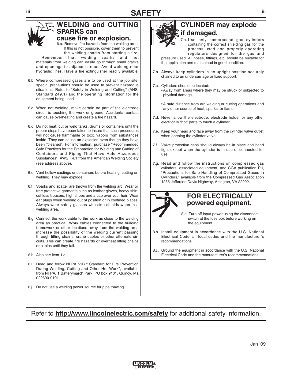 Safety, For electrically powered equipment, Cylinder may explode if damaged | Lincoln Electric IM10044 VANTAGE 575 CUMMINS User Manual | Page 4 / 53