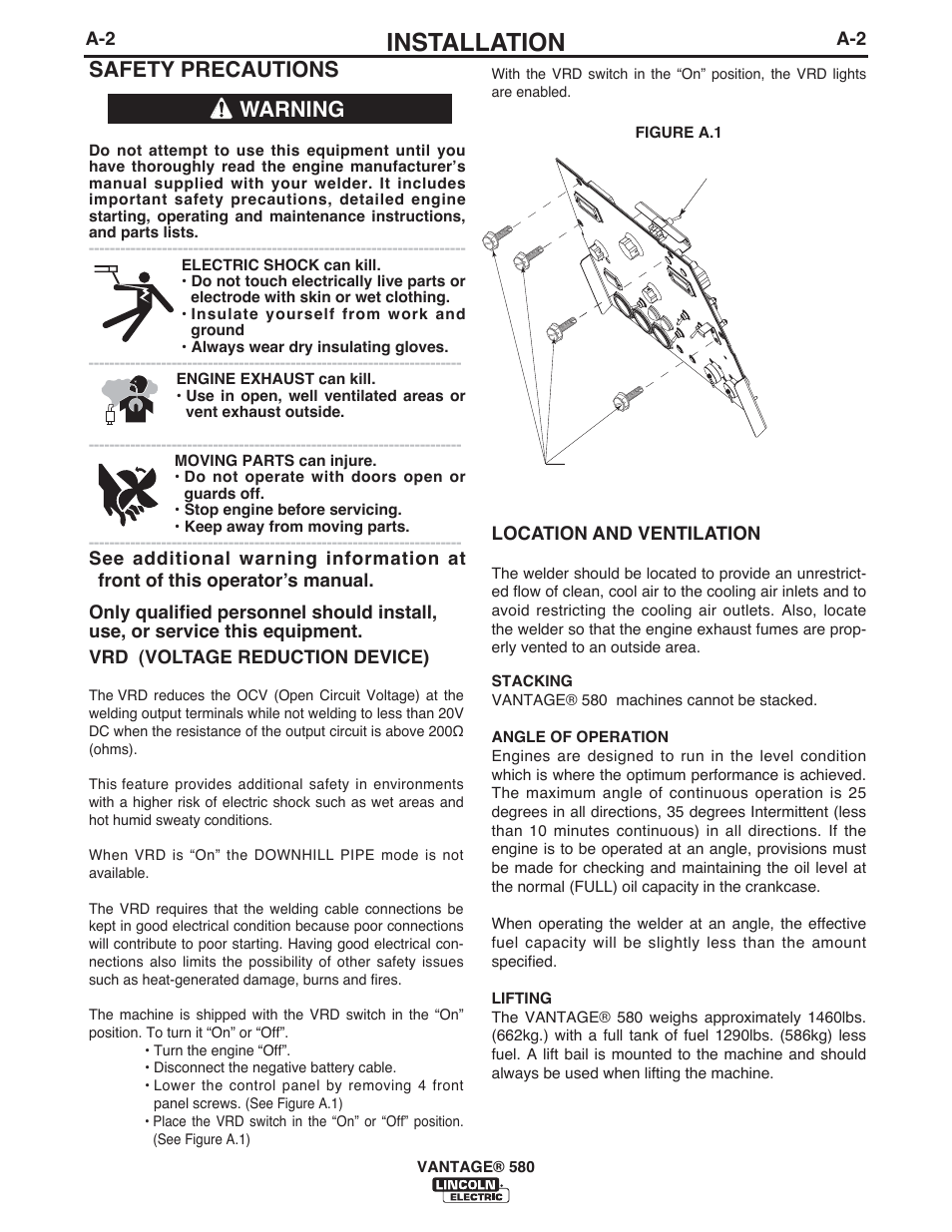 Installation, Safety precautions, Warning | Lincoln Electric IM10064 VANTAGE 580 User Manual | Page 12 / 53