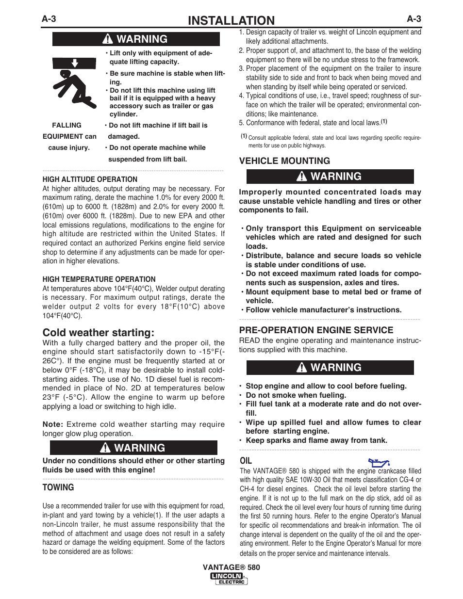 Installation, Cold weather starting, Warning | Lincoln Electric IM10064 VANTAGE 580 User Manual | Page 13 / 53