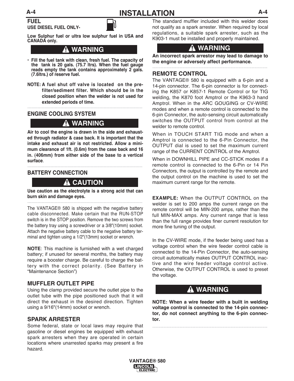 Installation, Warning caution warning warning warning | Lincoln Electric IM10064 VANTAGE 580 User Manual | Page 14 / 53