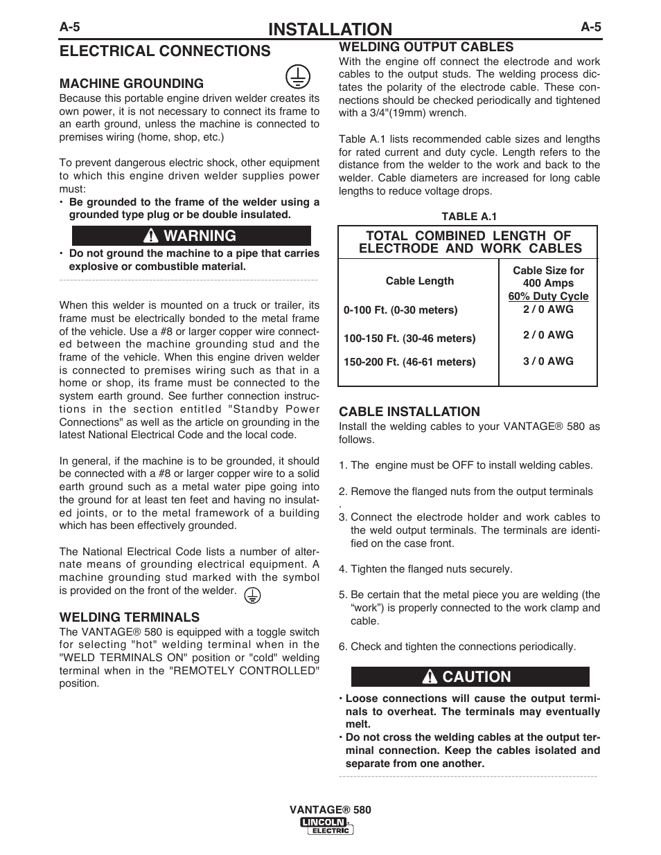 Installation, Electrical connections, Warning | Caution | Lincoln Electric IM10064 VANTAGE 580 User Manual | Page 15 / 53