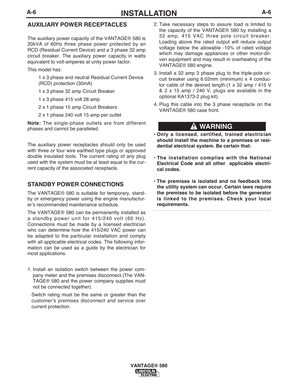 Installation, Warning | Lincoln Electric IM10064 VANTAGE 580 User Manual | Page 16 / 53