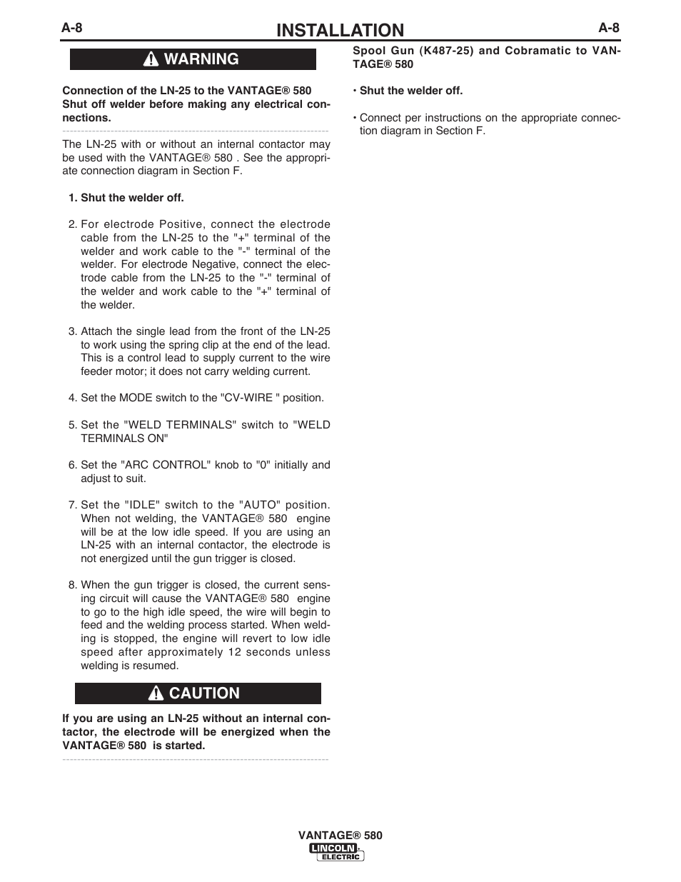 Installation, Warning caution | Lincoln Electric IM10064 VANTAGE 580 User Manual | Page 18 / 53