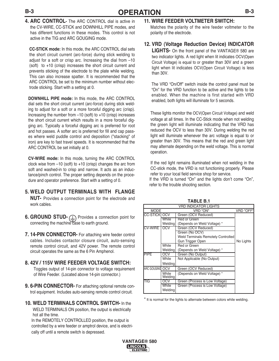 Operation, B-3 4. arc control, Weld output terminals with flange nut | Ground stud, 14-pin connector, 6-pin connector, Weld terminals control switch, Wire feeder voltmeter switch, Vrd (voltage reduction device) indicator lights | Lincoln Electric IM10064 VANTAGE 580 User Manual | Page 21 / 53