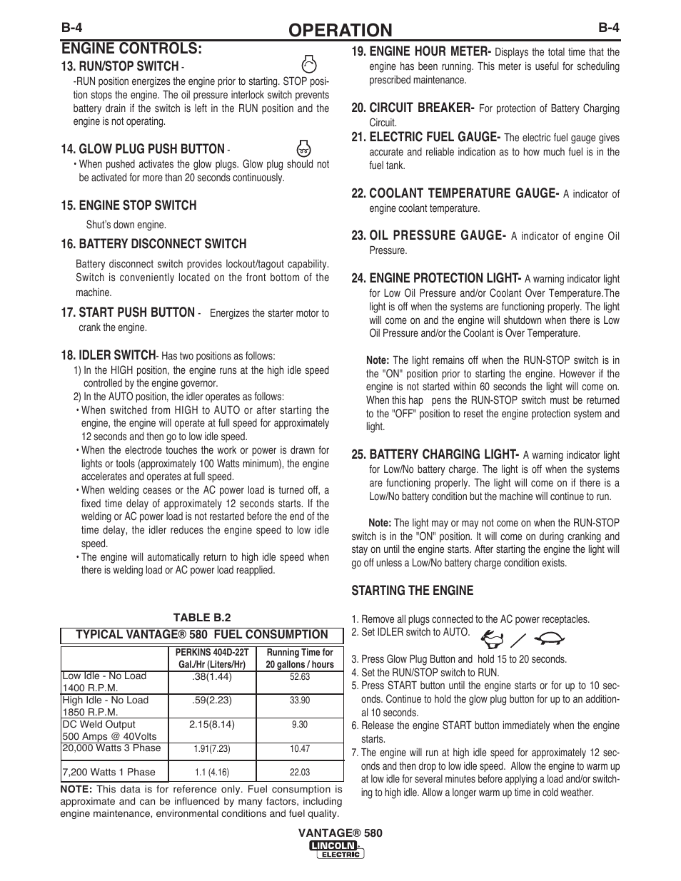 Operation, Engine controls | Lincoln Electric IM10064 VANTAGE 580 User Manual | Page 22 / 53