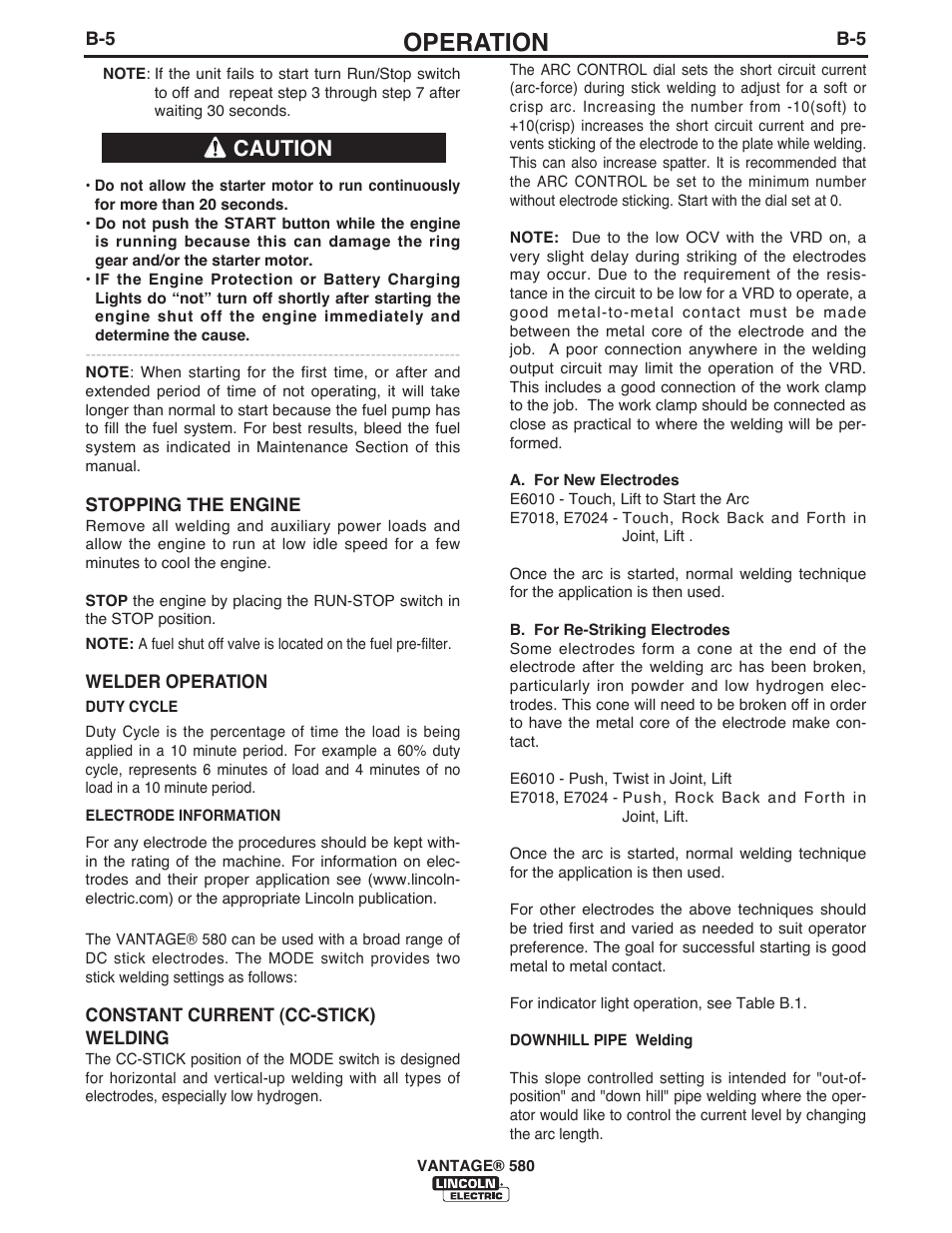 Operation, Caution | Lincoln Electric IM10064 VANTAGE 580 User Manual | Page 23 / 53