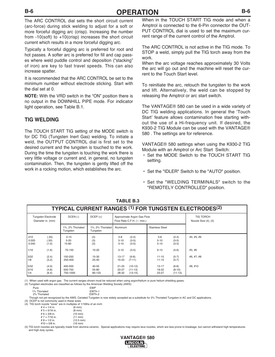 Operation, Tig welding, Typical current ranges | For tungsten electrodes, Table b.3 vantage® 580 | Lincoln Electric IM10064 VANTAGE 580 User Manual | Page 24 / 53