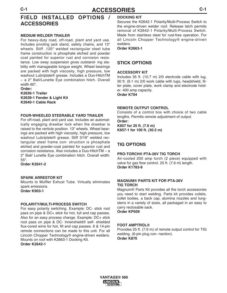 Accessories, Field installed options / accessories | Lincoln Electric IM10064 VANTAGE 580 User Manual | Page 26 / 53