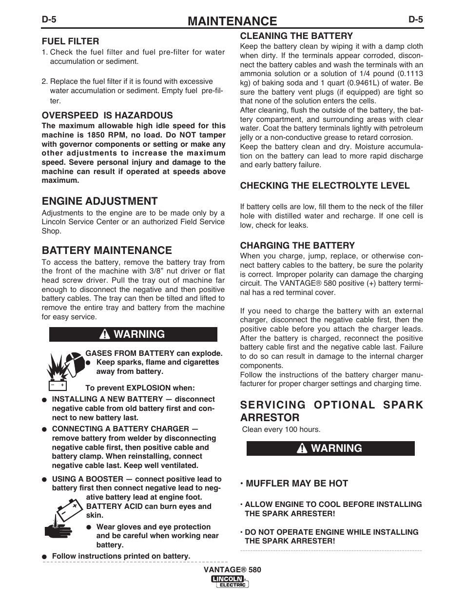 Maintenance, Engine adjustment, Battery maintenance | Servicing optional spark arrestor, Warning | Lincoln Electric IM10064 VANTAGE 580 User Manual | Page 32 / 53