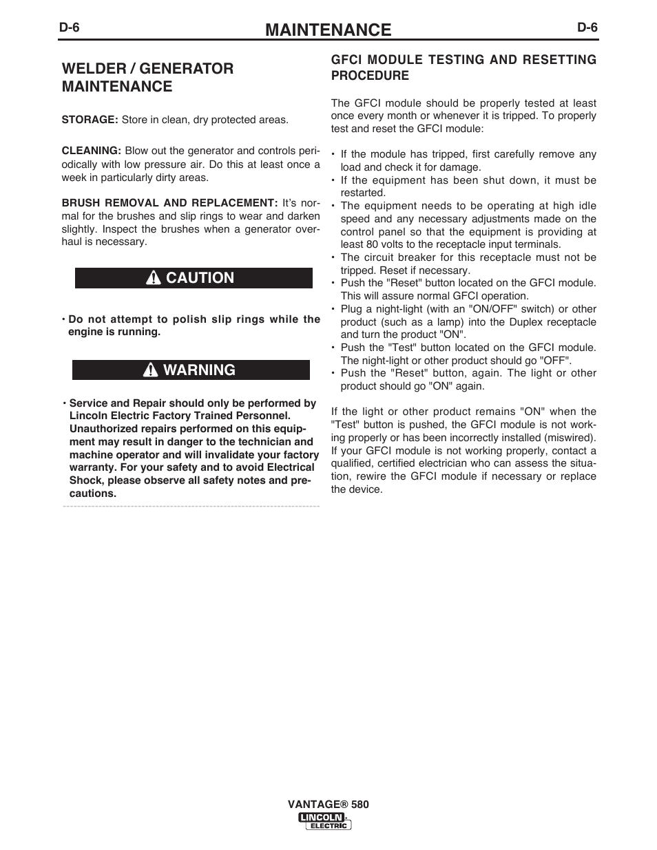 Maintenance, Welder / generator maintenance, Warning | Caution | Lincoln Electric IM10064 VANTAGE 580 User Manual | Page 33 / 53