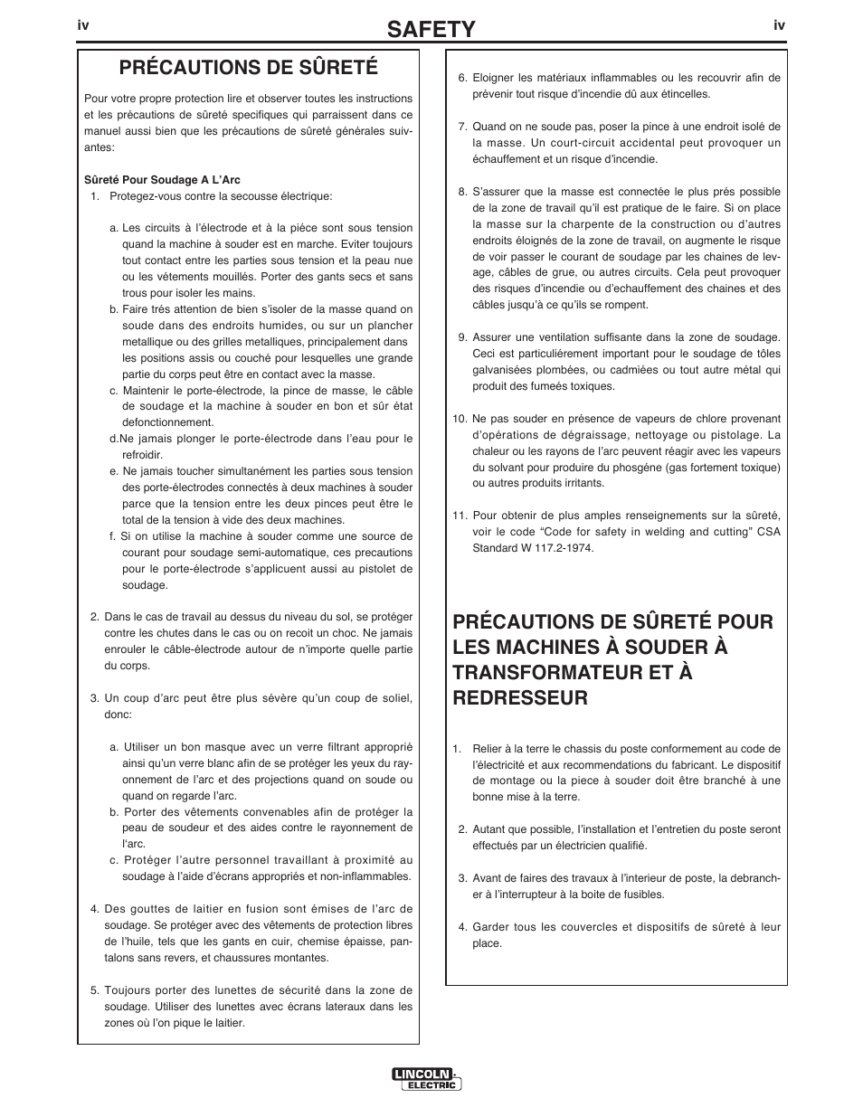 Safety, Précautions de sûreté | Lincoln Electric IM10064 VANTAGE 580 User Manual | Page 5 / 53