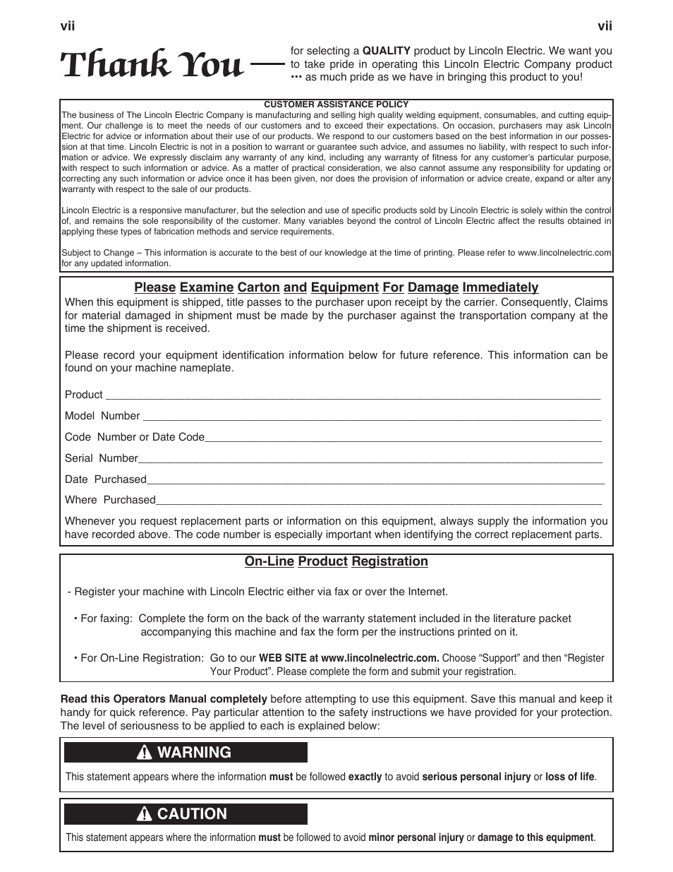 Warning, Caution | Lincoln Electric IM10064 VANTAGE 580 User Manual | Page 8 / 53