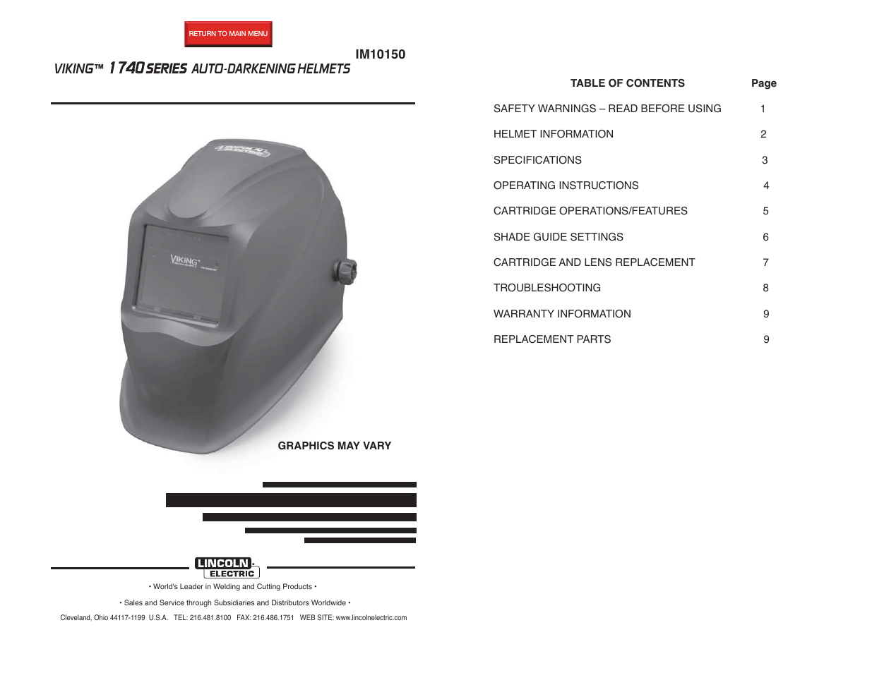 Lincoln Electric IM10150 VIKING 1740 SERIES AUTO-DARKENING HELMETS User Manual | 12 pages