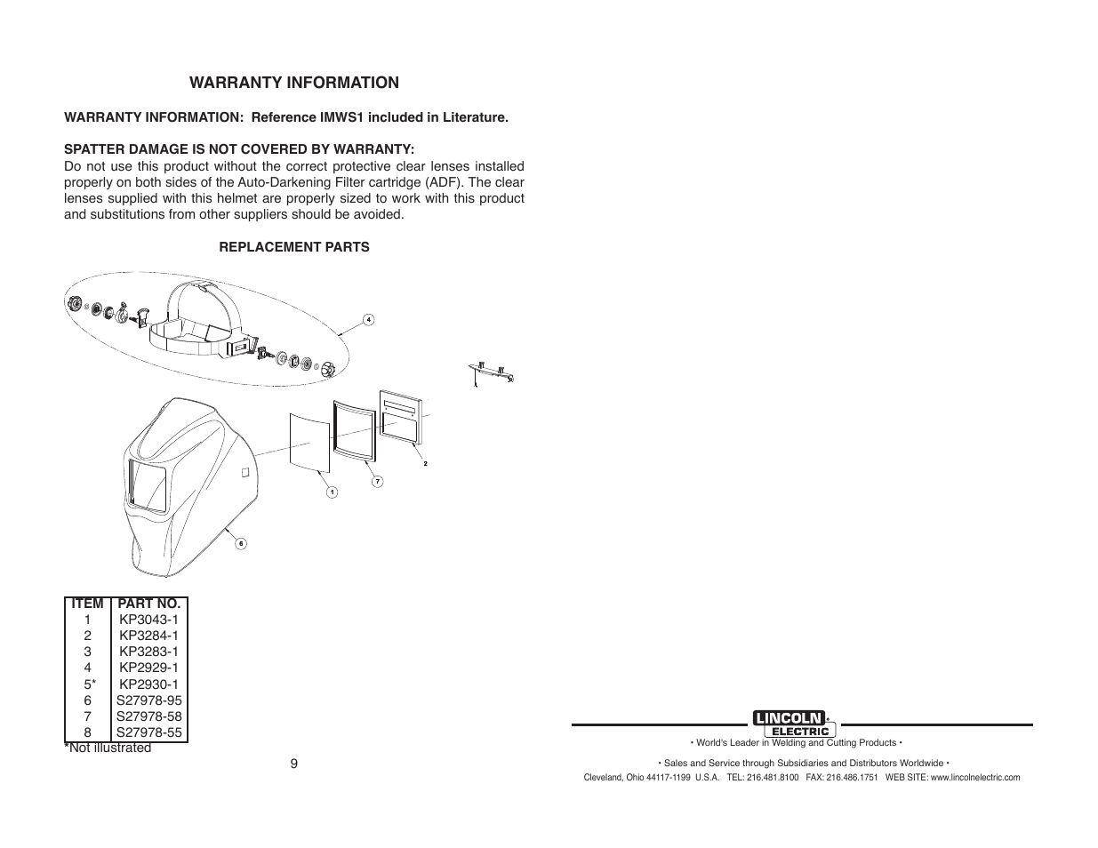 Warranty information | Lincoln Electric IM10150 VIKING 1740 SERIES AUTO-DARKENING HELMETS User Manual | Page 12 / 12