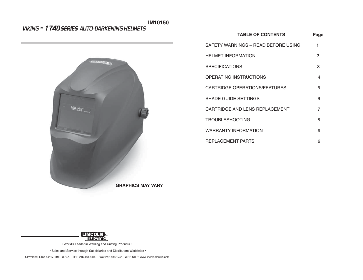 Lincoln Electric IM10150 VIKING 1740 SERIES AUTO-DARKENING HELMETS User Manual | Page 2 / 12