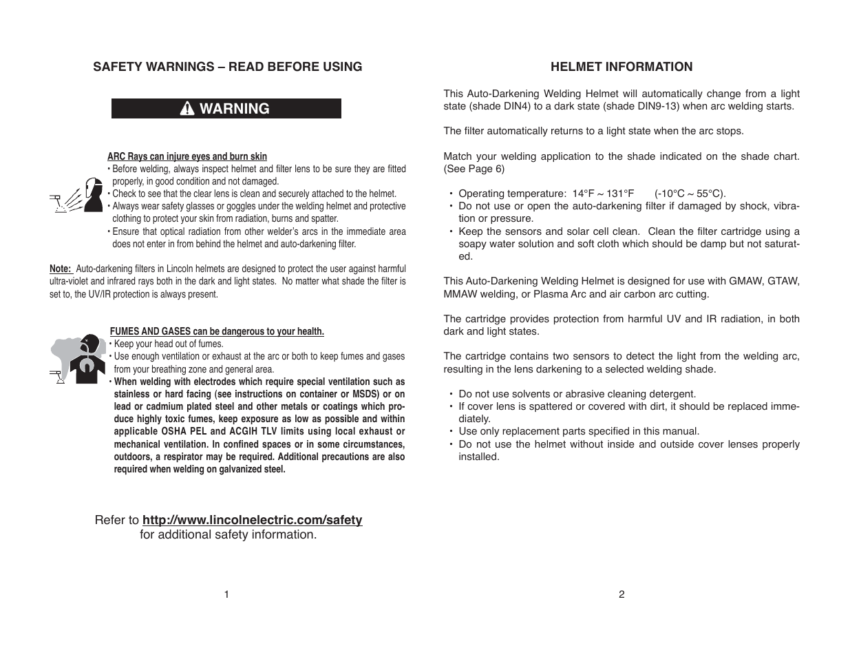 Warning | Lincoln Electric IM10150 VIKING 1740 SERIES AUTO-DARKENING HELMETS User Manual | Page 4 / 12