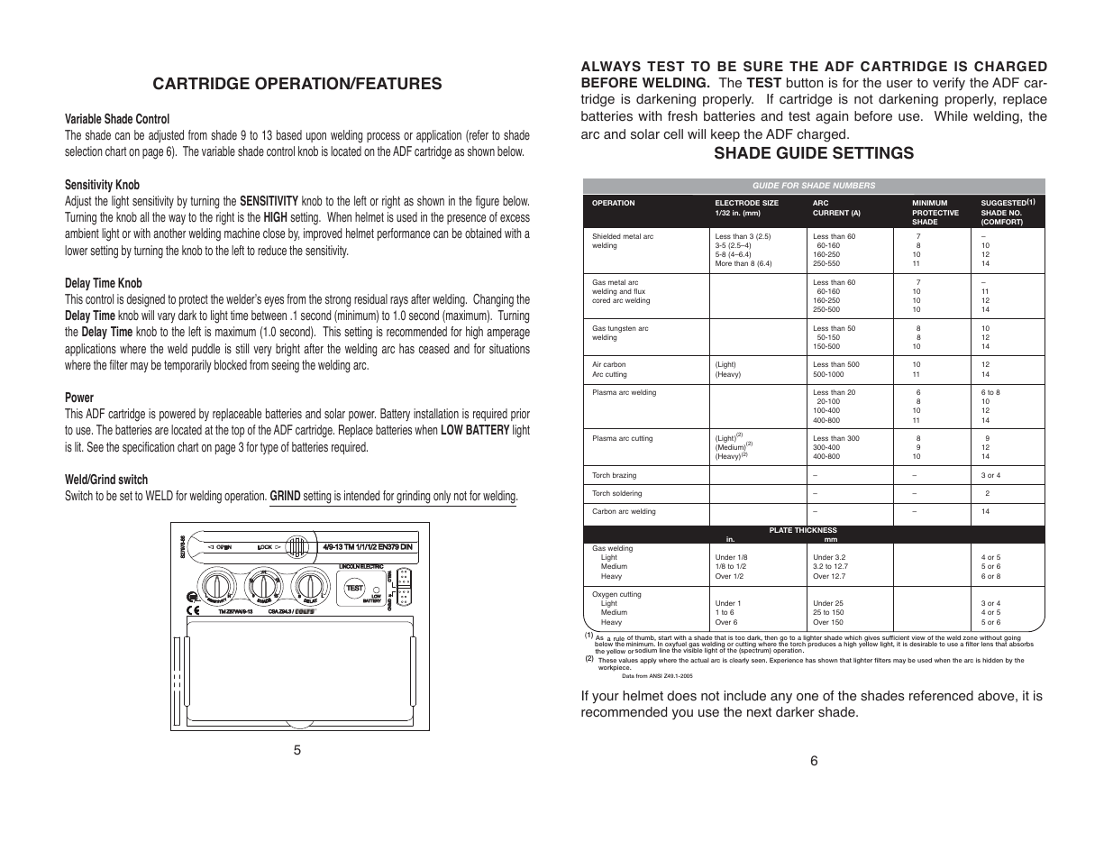 Cartridge operation/features, Shade guide settings | Lincoln Electric IM10150 VIKING 1740 SERIES AUTO-DARKENING HELMETS User Manual | Page 7 / 12