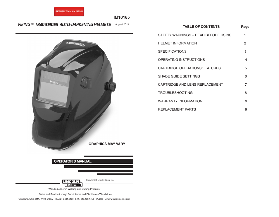 Lincoln Electric IM10165 VIKING 1840 SERIES AUTO-DARKENING HELMETS User Manual | 12 pages