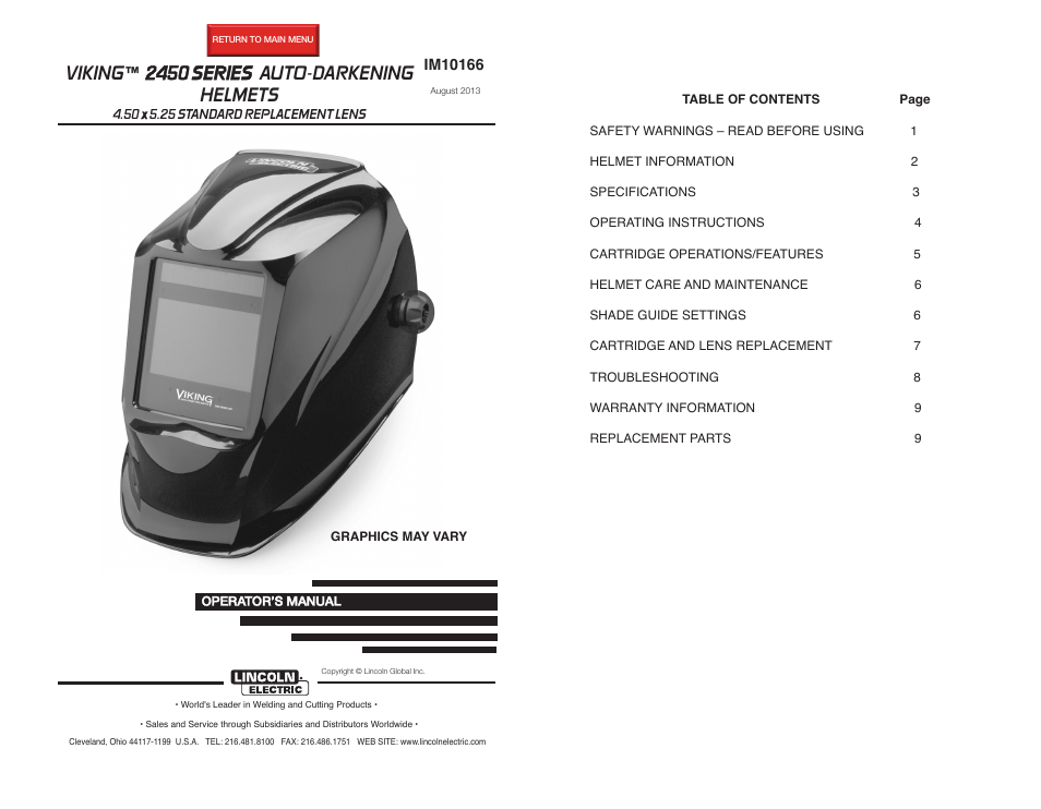 Lincoln Electric IM10166 VIKING 2450 SERIES AUTO-DARKENING HELMETS User Manual | 12 pages