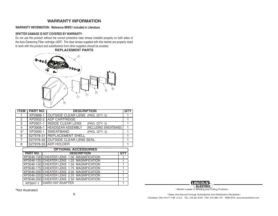 Warranty information | Lincoln Electric IM10166 VIKING 2450 SERIES AUTO-DARKENING HELMETS User Manual | Page 12 / 12