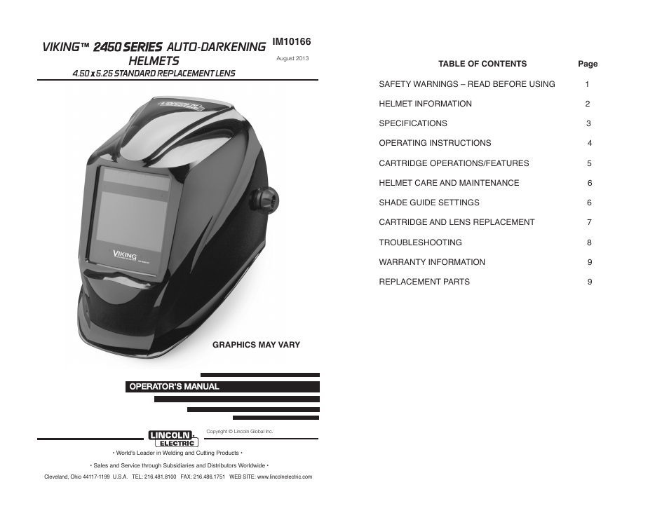 Viking ™ 2450 series auto-darkening helmets | Lincoln Electric IM10166 VIKING 2450 SERIES AUTO-DARKENING HELMETS User Manual | Page 2 / 12